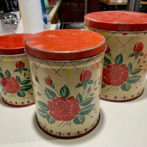 Vintage 1950s Red Roses Floral Kitchen Nesting Tin Canisters Set of 3 Farmhouse